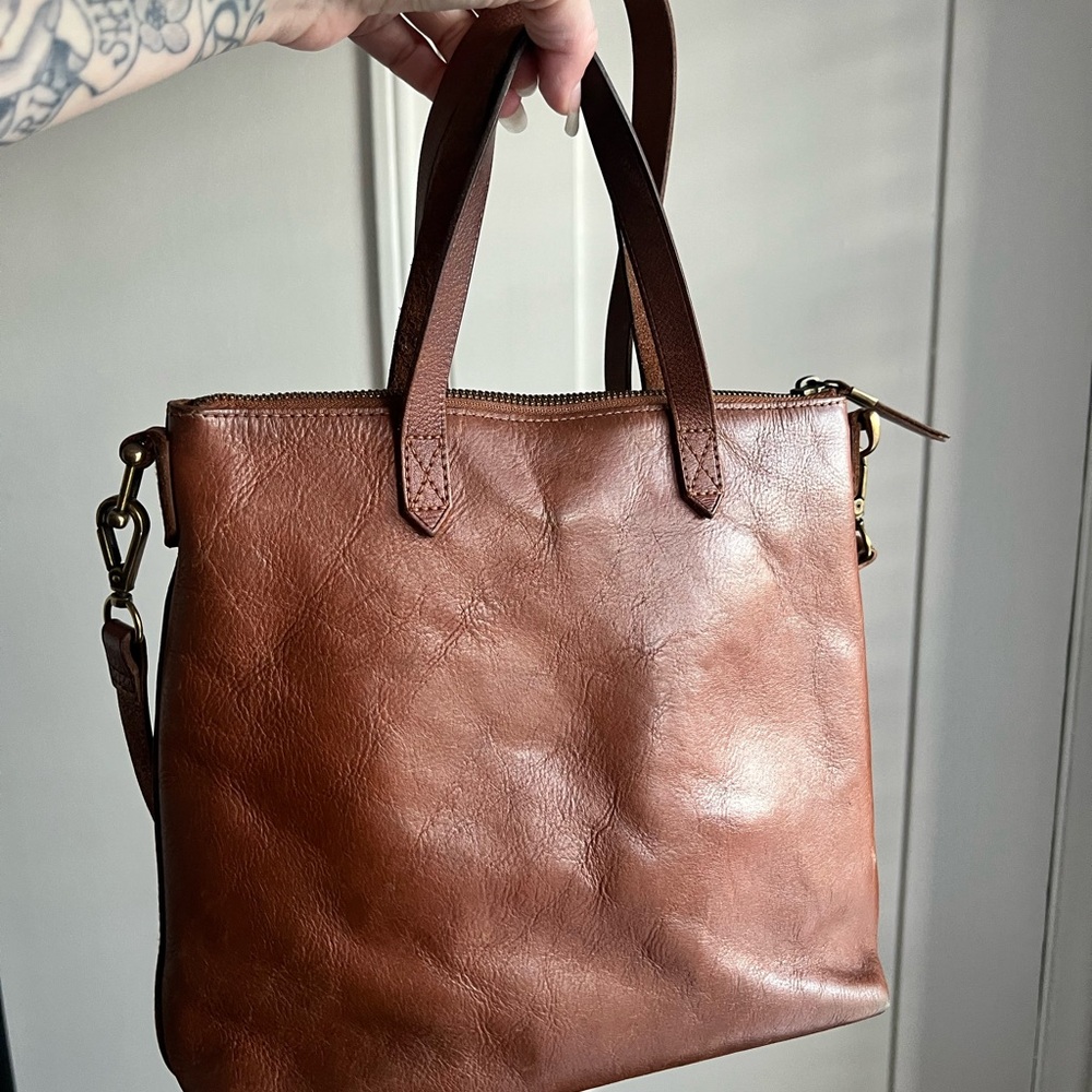 Madewell Rich Brown Leather Tote - dual handles and crossbody straps